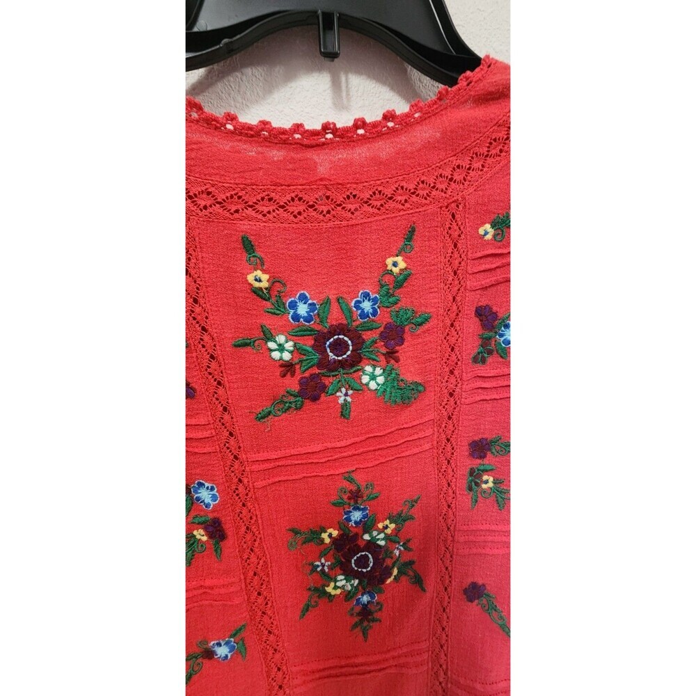 Free People Amy Red Cotton Embroidered Ruffled Gauze Balloon Sleeves XS - Picture 4 of 7